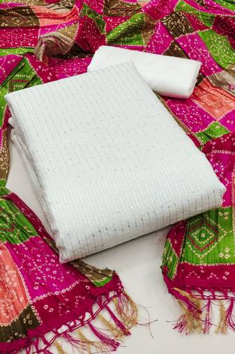 Women's off white unstitched sequence work chanderi dress material 