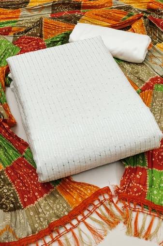 Women's off white unstitched sequence work chanderi dress material 