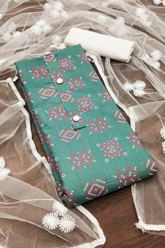 Women's green unstitched designer print slub cotton dress material 
