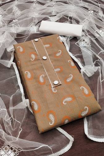 Women's brown unstitched designer print slub cotton dress material 