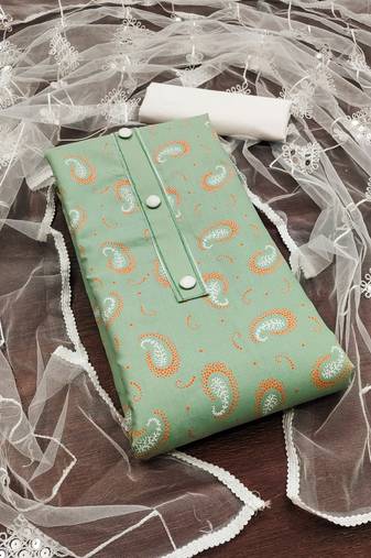 Women's green unstitched designer print slub cotton dress material 