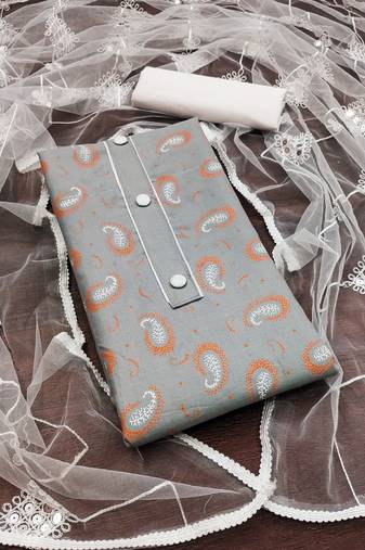 Women's grey unstitched designer print slub cotton dress material 