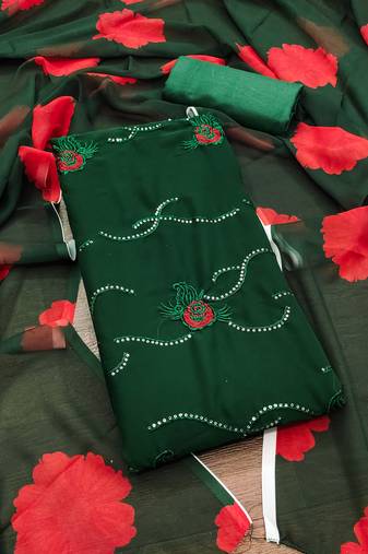 Women's green unstitched sequence work georgette dress material 