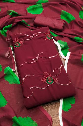 Women's maroon unstitched sequence work georgette dress material 