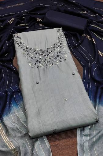 Women's olive green unstitched embroidery coco silk dress material 
