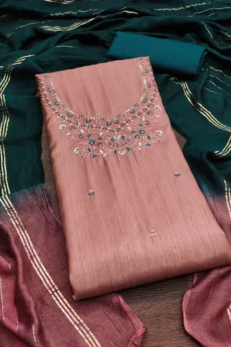 Women's peach unstitched embroidery coco silk dress material 
