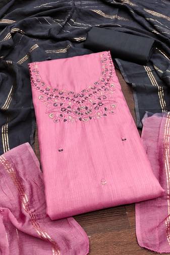 Women's pink unstitched embroidery coco silk dress material 
