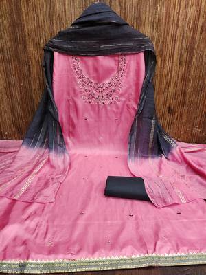 Women's pink embroidery coco silk dress material 3