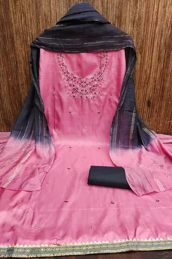 Women's pink embroidery coco silk dress material