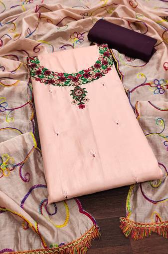 Women's baby pink unstitched embroidery coco silk dress material 