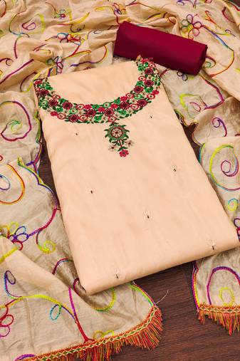 Women's peach unstitched embroidery coco silk dress material 