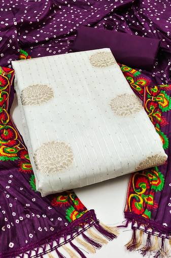 Women's white unstitched sequence work jacquard dress material 