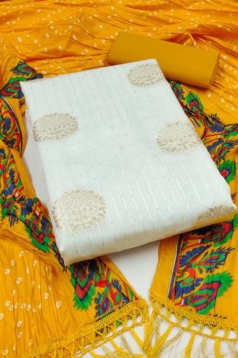 Women's white unstitched sequence work jacquard dress material 