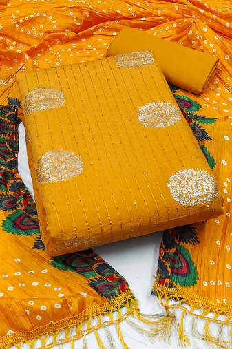 Women's yellow unstitched sequence work jacquard dress material 