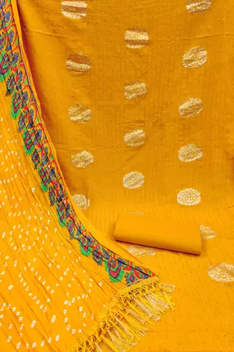 Women's yellow sequence work jacquard dress material