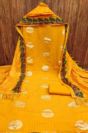Women's yellow sequence work jacquard dress material