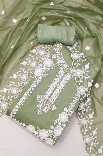 Women's light green unstitched embroidery chanderi cotton dress material 