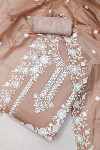 Women's light purple unstitched embroidery chanderi cotton dress material 