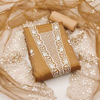 Women's beige embroidery organza dress material 1