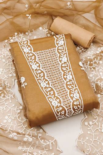 Women's beige unstitched embroidery organza dress material 