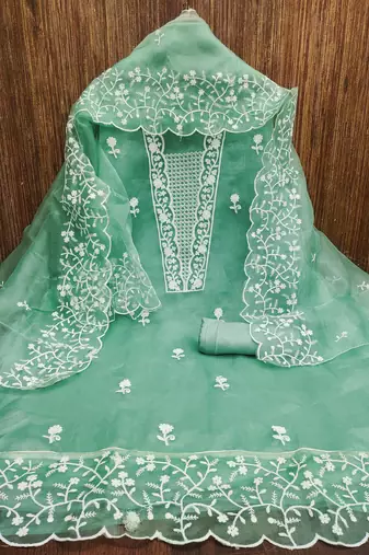 Women's sea green embroidery organza dress material
