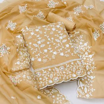 Women's beige unstitched embroidery chanderi cotton dress material (pk43bge) (pk43bge) 1