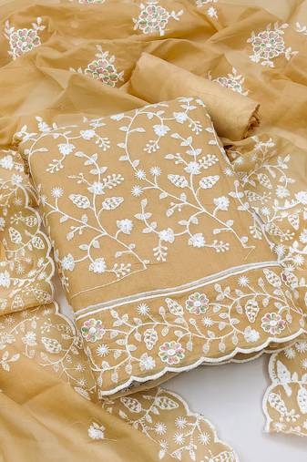 Women's beige unstitched embroidery chanderi cotton dress material (pk43bge) (pk43bge)