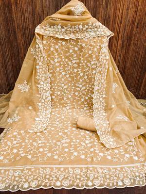 Women's beige unstitched embroidery chanderi cotton dress material (pk43bge) (pk43bge) 2