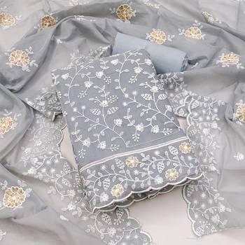 Women's grey unstitched embroidery chanderi cotton dress material (pk43gry) (pk43gry) 1