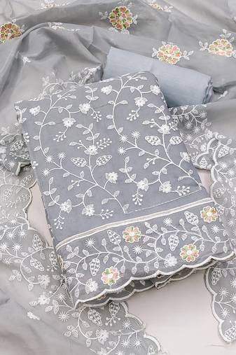 Women's grey unstitched embroidery chanderi cotton dress material (pk43gry) (pk43gry)