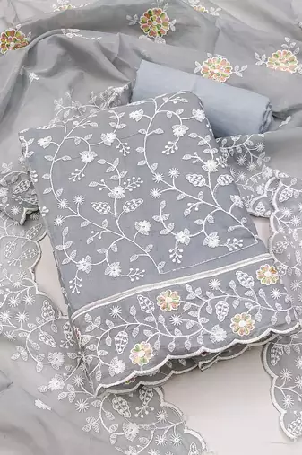 Women's grey unstitched embroidery chanderi cotton dress material (pk43gry) (pk43gry)