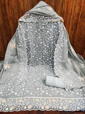Women's grey unstitched embroidery chanderi cotton dress material (pk43gry) (pk43gry) 2