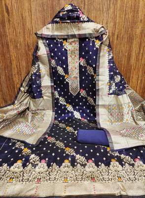Women's blue unstitched designer weaving organza jacquard dress material  2