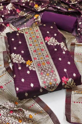 Women's purple unstitched designer weaving organza jacquard dress material 