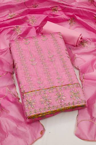 Women's baby pink unstitched sequence work chanderi cotton dress material 