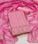 Women's baby pink unstitched sequence work chanderi cotton dress material 