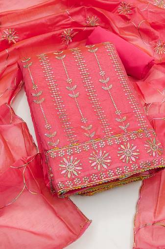 Women's pink unstitched sequence work chanderi cotton dress material 