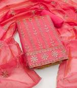 Women's pink unstitched sequence work chanderi cotton dress material 