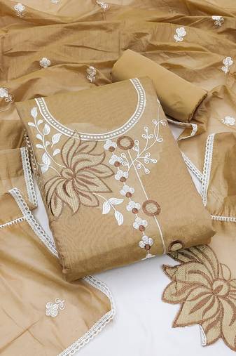 Women's beige unstitched embroidery chanderi cotton dress material 