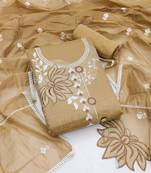 Women's beige unstitched embroidery chanderi cotton dress material 