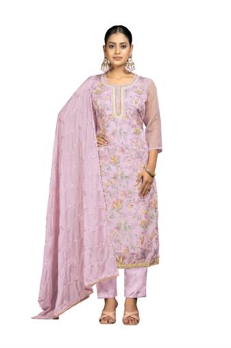 Women's baby pink unstitched position printing work organza dress material 