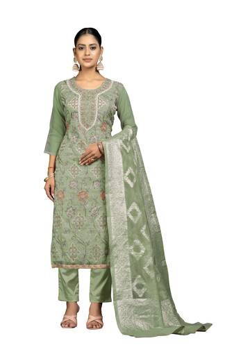 Women's pista green unstitched embroidery organza dress material 
