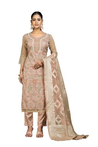 Women's peach unstitched embroidery organza dress material 