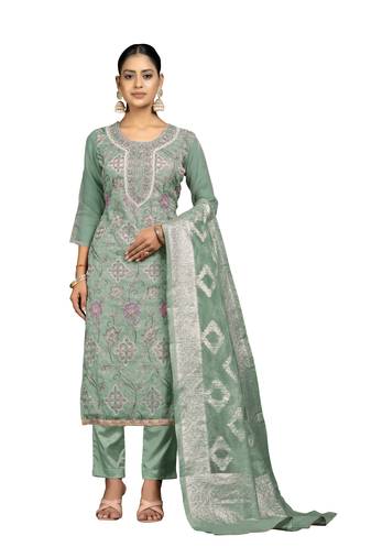 Women's sea green unstitched embroidery organza dress material 