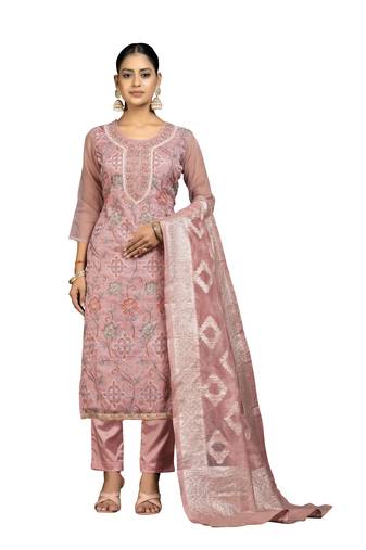 Women's pink unstitched embroidery organza dress material 