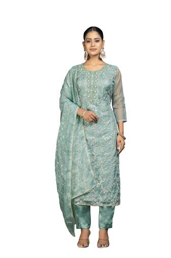 Women's sea green unstitched sequence work pure organza dress material 