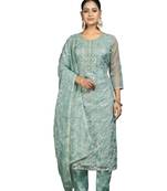Women's sea green unstitched sequence work pure organza dress material