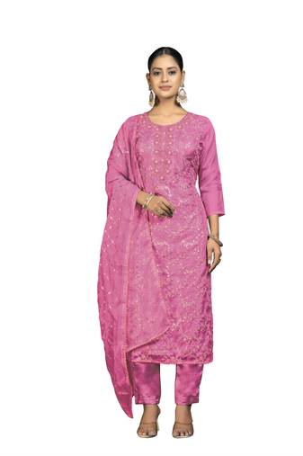 Women's pink unstitched sequence work pure organza dress material 