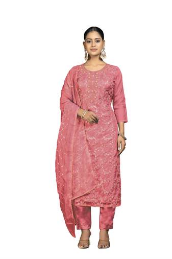 Women's peach unstitched sequence work pure organza dress material 