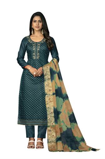 Women's teal blue unstitched hand work modal cotton dress material 